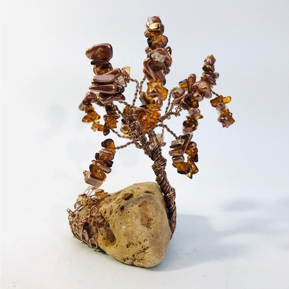 Wire Sculpture Bonsai Tree Amber Stone Chip Iridescent Bronze Beads 5.5" Artisan - Picture 3 of 12